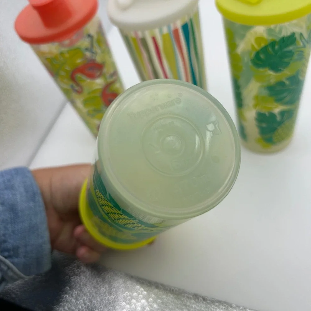 Tupperware 16oz Tumbler Set / 4 Tropical Flamingo Pineapple Stripes Flip-Top Lid